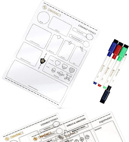 ENHANCE Tabletop Acrylic Character Sheet Set - Reusable 5e Dungeons and Dragons Character Sheets (Combat, Spell, Equipment) for All DND 5e Classes - Includes 3 Pages, Dry Erase Markers, Travel Pouch