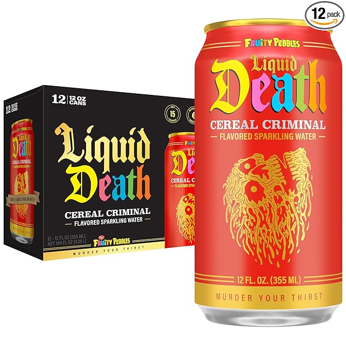 Liquid Death, Cereal Criminal, Fruity Pebbles-Flavored Sparkling Water